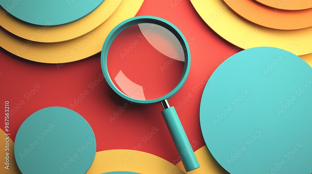 Poster minimalist magnifying glass vector icon on bright background with concentric circles.