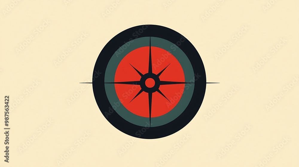 Poster precision navigation - minimalist compass needle on concentric circles with simple shapes on bright 