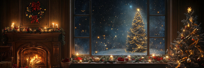 A cozy Christmas scene featuring beautifully decorated tree outside window, with snow gently falling. warm glow from fireplace and candles creates festive atmosphere