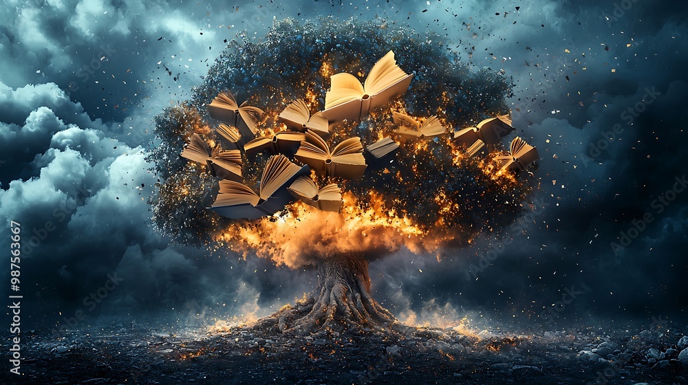 Poster knowledge explosion: books bursting from tree roots in atomic-like blast