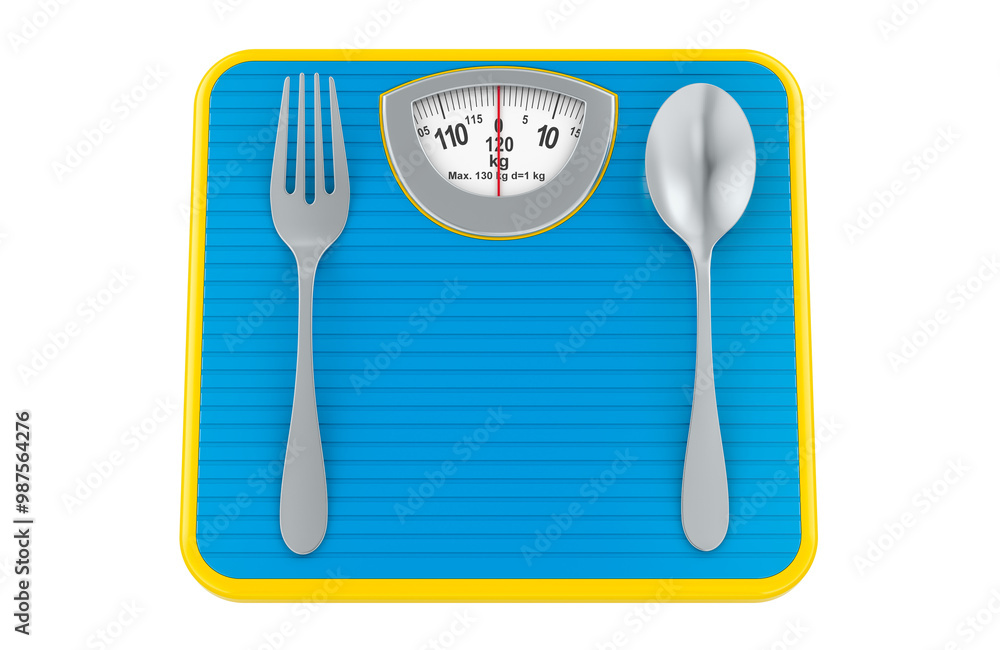 Poster diet meal concept. weight scale with fork and spoon, 3d rendering isolated on transparent background