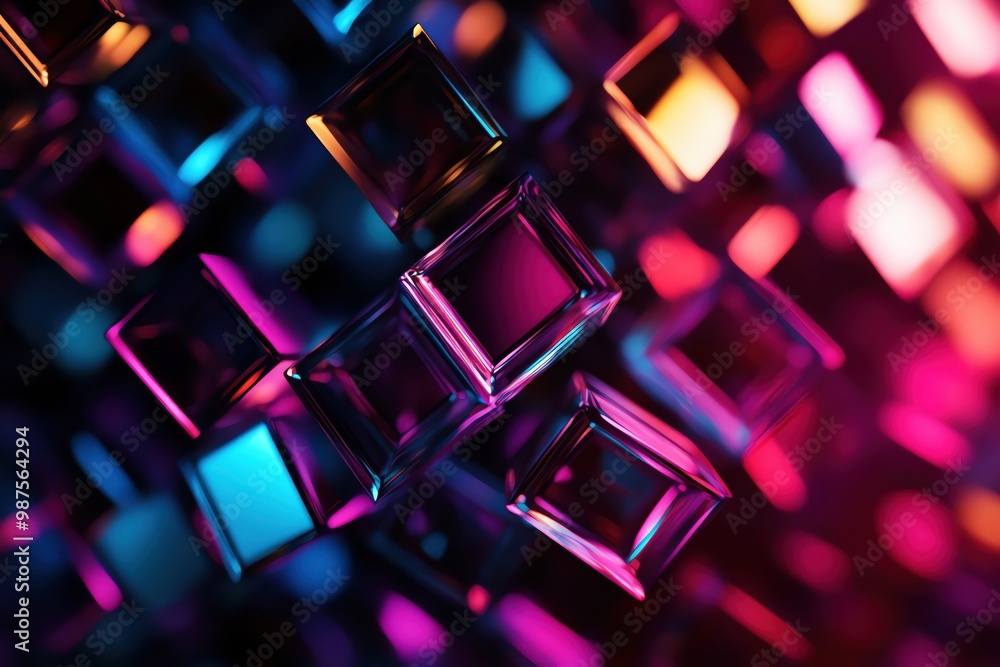 Poster colorful cubes with reflections and lights, creating a vibrant abstract composition.