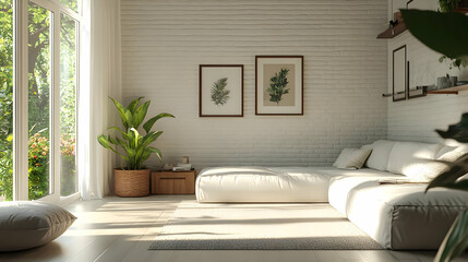 Modern Minimalist Living Room with White Brick Wall 3D Illustration