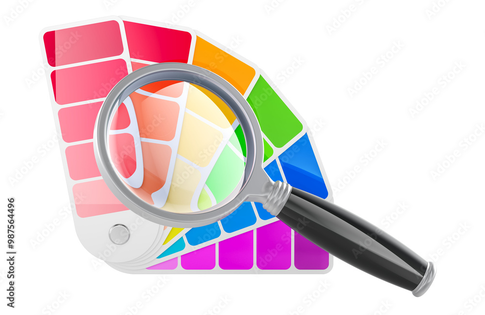 Poster Pantone Color Palette Guide with loupe, magnifying glass. 3D rendering isolated on transparent background