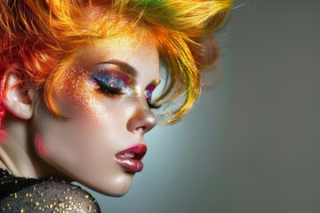 Obraz premium Close-up portrait of a woman with colorful hair and glitter makeup.