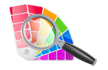 Pantone Color Palette Guide with loupe, magnifying glass. 3D rendering isolated on transparent background
