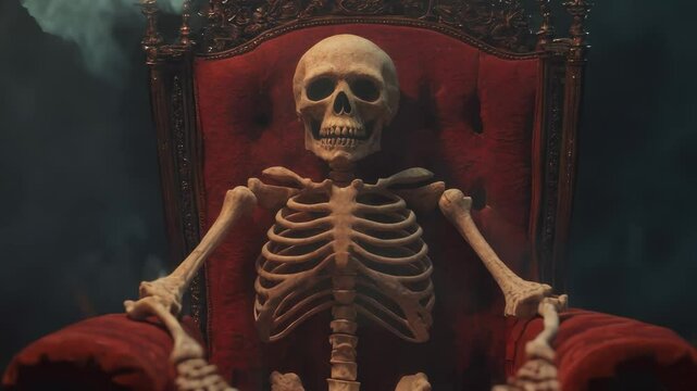 Spooky skeleton on throne. Halloween royalty concept.
