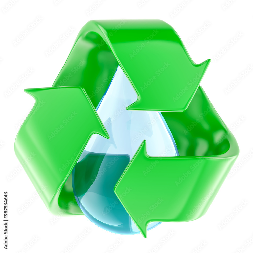 Poster recycle symbol with water drop, 3d rendering isolated on transparent background