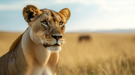 Obraz premium A detailed photograph of a lioness, gazing intently at her surroundings, with the African plains in the background
