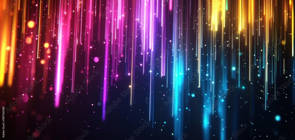 Poster colorful light streaks on a dark background, creating a vibrant abstract pattern.
