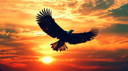 The silhouette of an eagle soaring high, wings outstretched against a vivid sunset sky