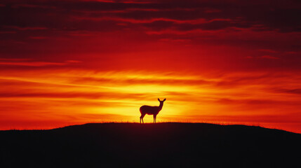 A lone animal silhouetted against a sunset, standing on a hill, with the sky painted in warm orange and red hues