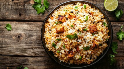 Chicken Biryani Served on a Black Plate with Cilantro Garnish