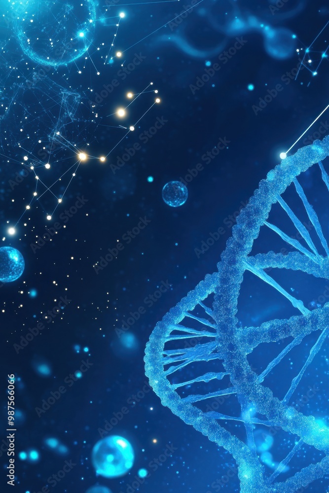 Poster digital illustration of dna strands on a blue background with glowing spheres and networking lines