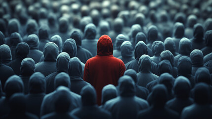 Obraz premium image depicts striking scene where single figure in red hoodie stands out among crowd of indistinct figures in gray hoodies, evoking feelings of individuality and isolation