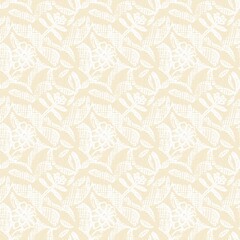 Modern white on cream lace effect wedding background texture. Soft tonal linen openwork block print with subtle hand drawn lattice damask printed fabric backdrop. 