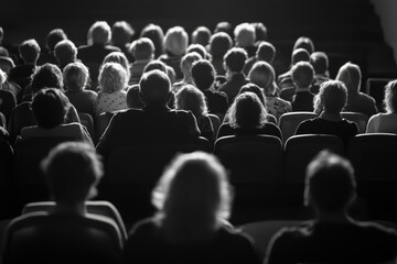 Fototapeta premium image captures crowd of people seated in theater, showcasing variety of hairstyles and clothing styles. monochrome effect adds dramatic touch, emphasizing collective experience of audience