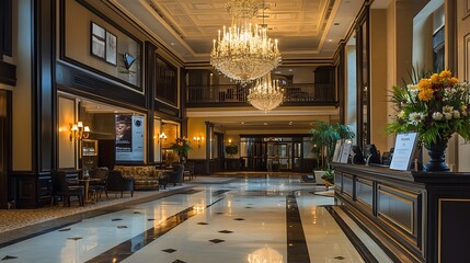 A grand hotel lobby with ornate chandeliers, a black and gold reception desk, polished floors, and a floral arrangement.