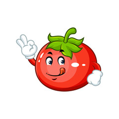 Cartoon tomato character giving the OK sign, promoting healthy eating and fresh produce.