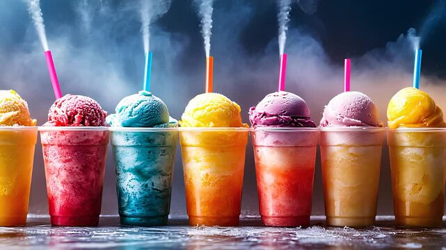 Colorful frozen slushie drinks with steam rising, showcasing icy refreshing beverages, vibrant flavors, and summer party treats.

