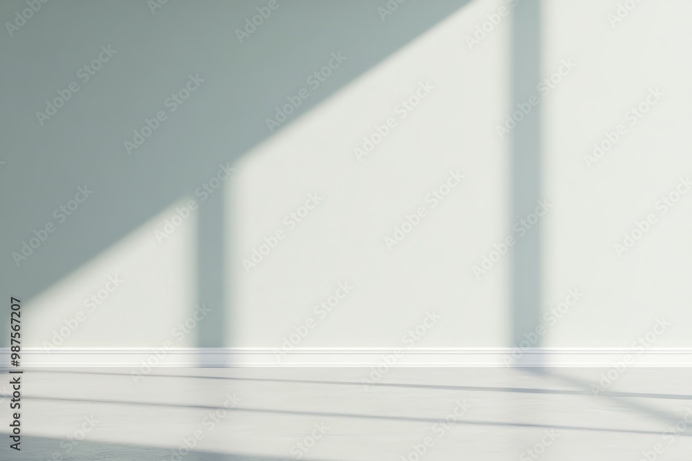 Poster a minimalistic interior view showcasing soft shadows on a light wall, creating a serene and modern a