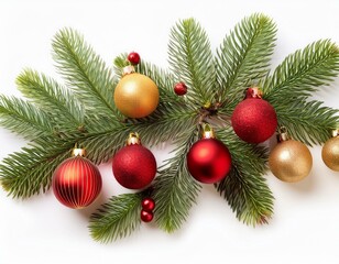 Freigestellter Weihnachtsbaumzweig mit roten und goldenen Christbaumkugeln &ndash; Festliche Dekoration f&uuml;r Weihnachten