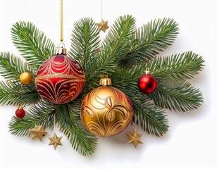 Freigestellter Weihnachtsbaumzweig mit roten und goldenen Christbaumkugeln – Festliche Dekoration für Weihnachten