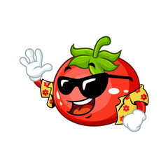 Cool cartoon tomato character wearing sunglasses and a Hawaiian shirt, waving.
