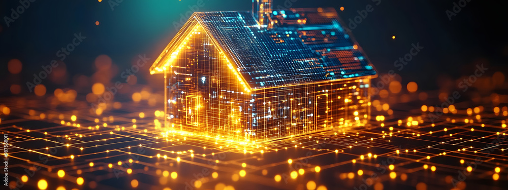 Poster digital house with glowing data stream , ai in smart home technology, automation and remote control 