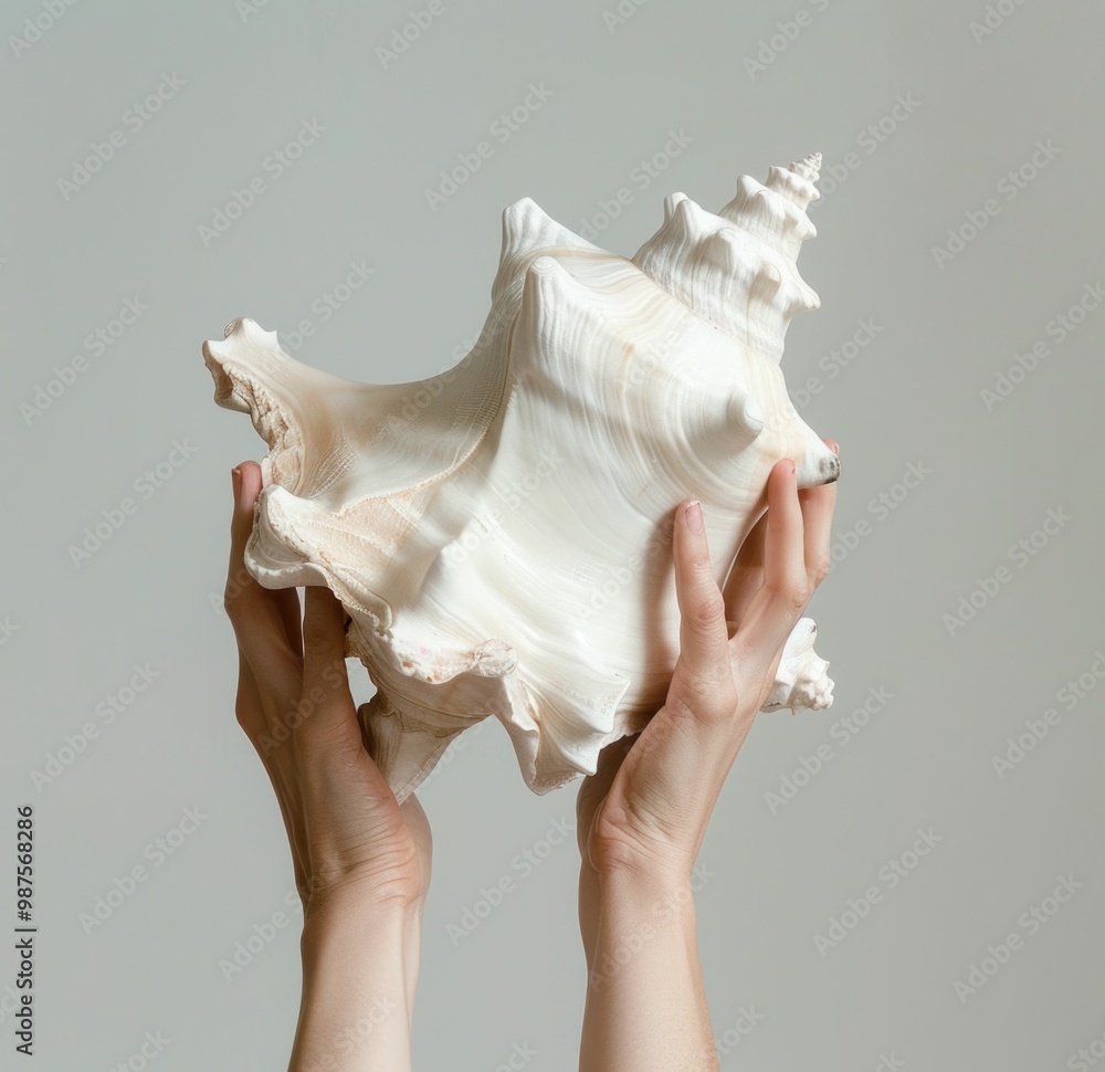 Poster a pair of hands holding a large, textured conch shell against a soft gray background the shell s int
