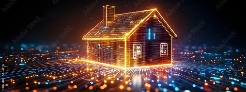 Poster digital house with glowing data stream , ai in smart home technology, automation and remote control 
