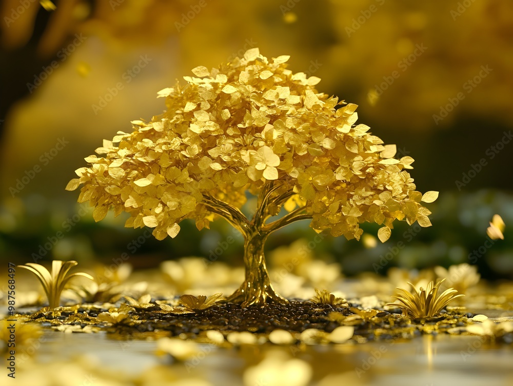 Poster golden tree with shimmering leaves in autumn light