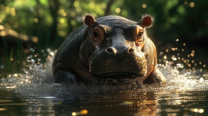 Fototapeta premium 3D-rendered pygmy hippo with a shiny, smooth texture, playfully splashing in a virtual pond
