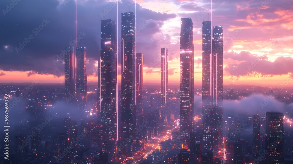 Poster futuristic cityscape at dusk - illuminated skyline of modern architecture symbolizing progress and i