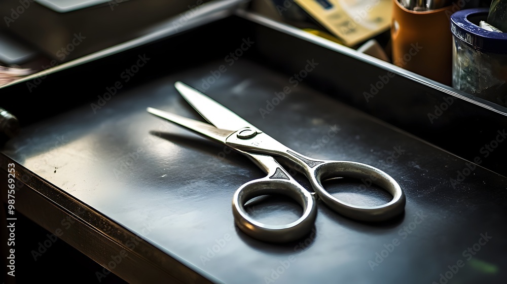 Poster elegant scissors on a tidy wabi sabi desk with impressionistic brushwork