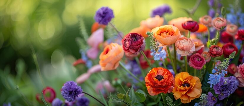 An array of vibrant and colorful flowers including roses ranunculus and poppies blooming in a lush and picturesque garden setting during the springtime  The image exudes a sense of natural beauty