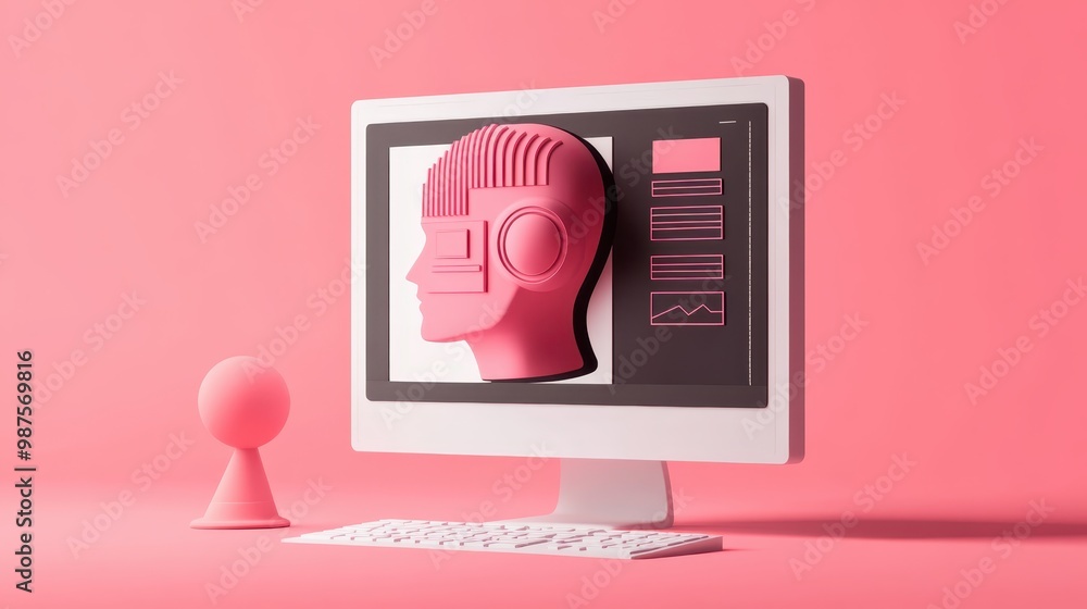 Poster a pink human head is displayed on a computer screen, accompanied by a keyboard and a pink sphere on 