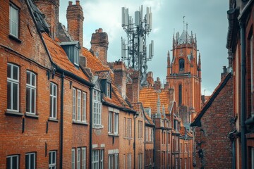 Obraz premium Old Town Alleyway with Tower and Cell Tower