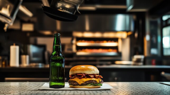 Cheeseburger with bacon and a green bottle, likely of beer, on a stainless steel counter, with a blurred kitchen in the background