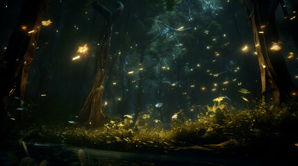 Fireflies flying in the forest