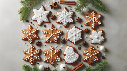 Uma disposição minimalista de biscoitos de gengibre decorados com glacê branco, cercados por pequenos ramos de pinheiro
