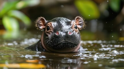 Fototapeta premium Baby pygmy hippo enjoying a refreshing bath in a shallow stream, with its ears perked up