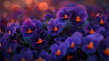 Exquisite purple pansy flowers in full bloom creating a beautiful serene and enchanting garden scene  The delicate petals and vibrant colors draw the eye