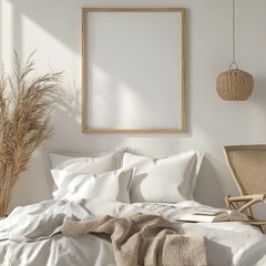 Country Farmhouse Bedroom Interior with Blank Poster Frame Mockup