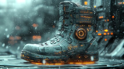 Futuristic cyberpunk boot with glowing elements and intricate mechanical details, perfect for sci-fi and high-tech themes.
