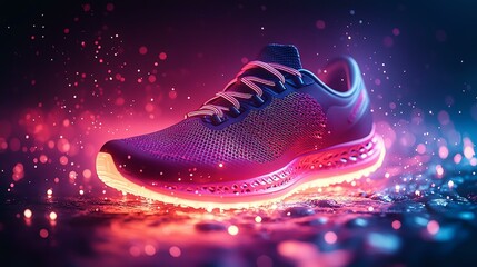Futuristic neon-colored running shoe with glowing lights, displayed in a dynamic and vibrant setting with rain droplets.