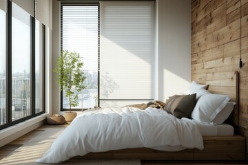 Luxurious Master Bedchamber: Stylish Scandinavian Bedroom Design with Modern White and Wood Interior
