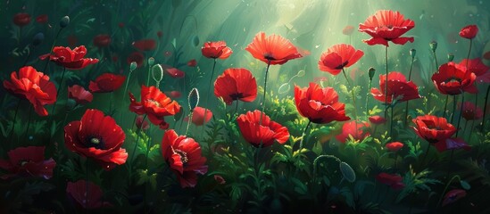 Obraz premium Captivating panoramic view of a magical garden landscape filled with vibrant red poppy flowers blooming amidst lush green foliage and bathed in the warm dreamy glow of sunlight