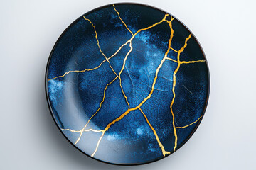 A beautiful blue ceramic plate features gold kintsugi cracks, symbolizing resilience and beauty in imperfection, photographed against a clean white background in modern style.
