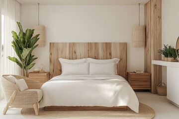 Modern Master Bedroom Design with Wooden Furniture and Armchair